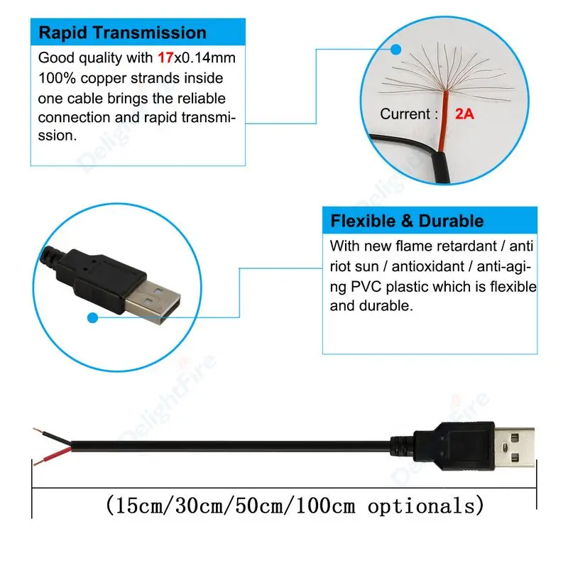 Cable USB A macho de 2 pines desnudo USB 5V 3A Cable de alimentación de extremo abierto en espiral para ventilador pequeño equipo USB instalado reemplazar reparación Cable DIY - imagen 5
