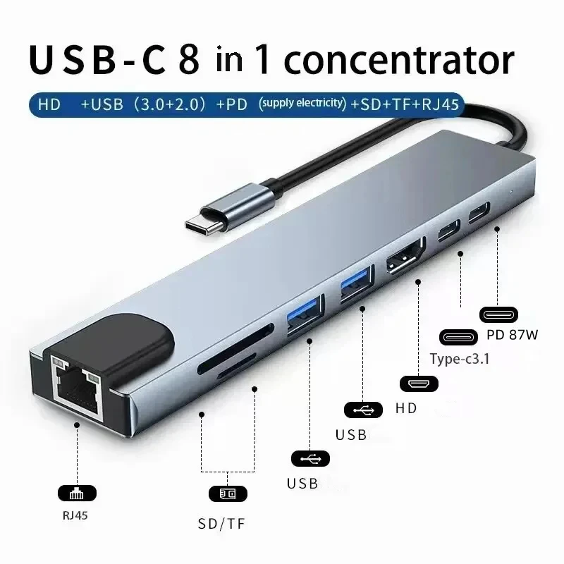 8 en 1 USB C Hub tipo C a HDTV con Pd 87W carga rápida lector de tarjetas TF/SD Rj45 divisor multiconvertidor para Macbook Notebook