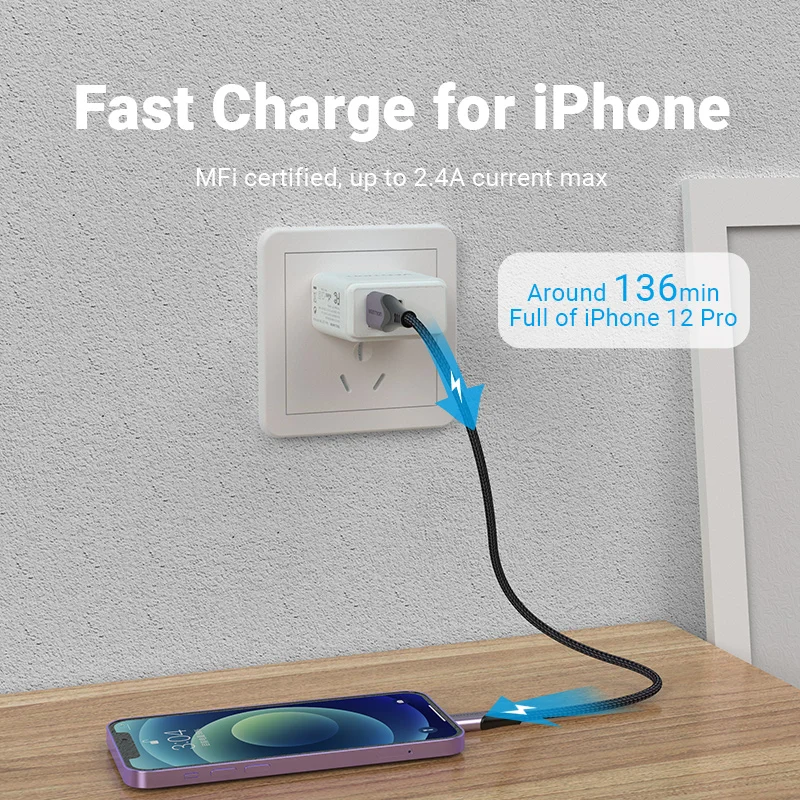 Vention MFi Cable USB a Lightning para iPhone 14 13 12 Pro Max 2.4A Cable de carga rápida datos para iPad Mini Cable de datos de teléfono - imagen 5