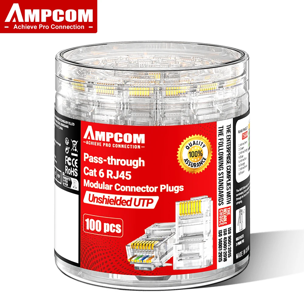 Conector Modular AMPCOM RJ45 Pass-Thru CAT6 para Cable 23-26 AWG UTP chapado en oro 8P8C extremo de engarzado para Cable Ethernet 100 Uds - imagen 2