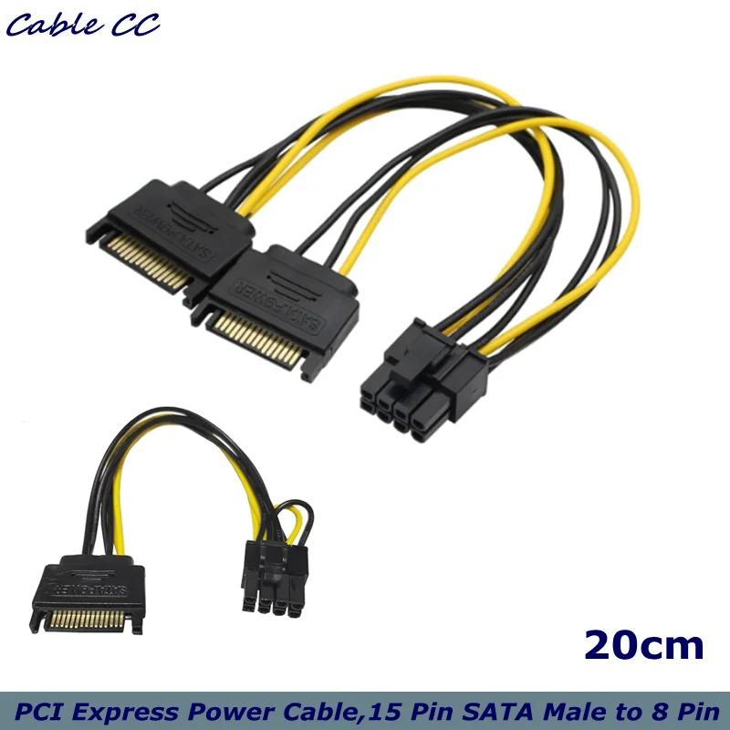 Cable de alimentación dual SATA de 15 pines a 8 pines (6 + 2 pines), SATA dual a PCI-E para computadoras, macho a macho,
