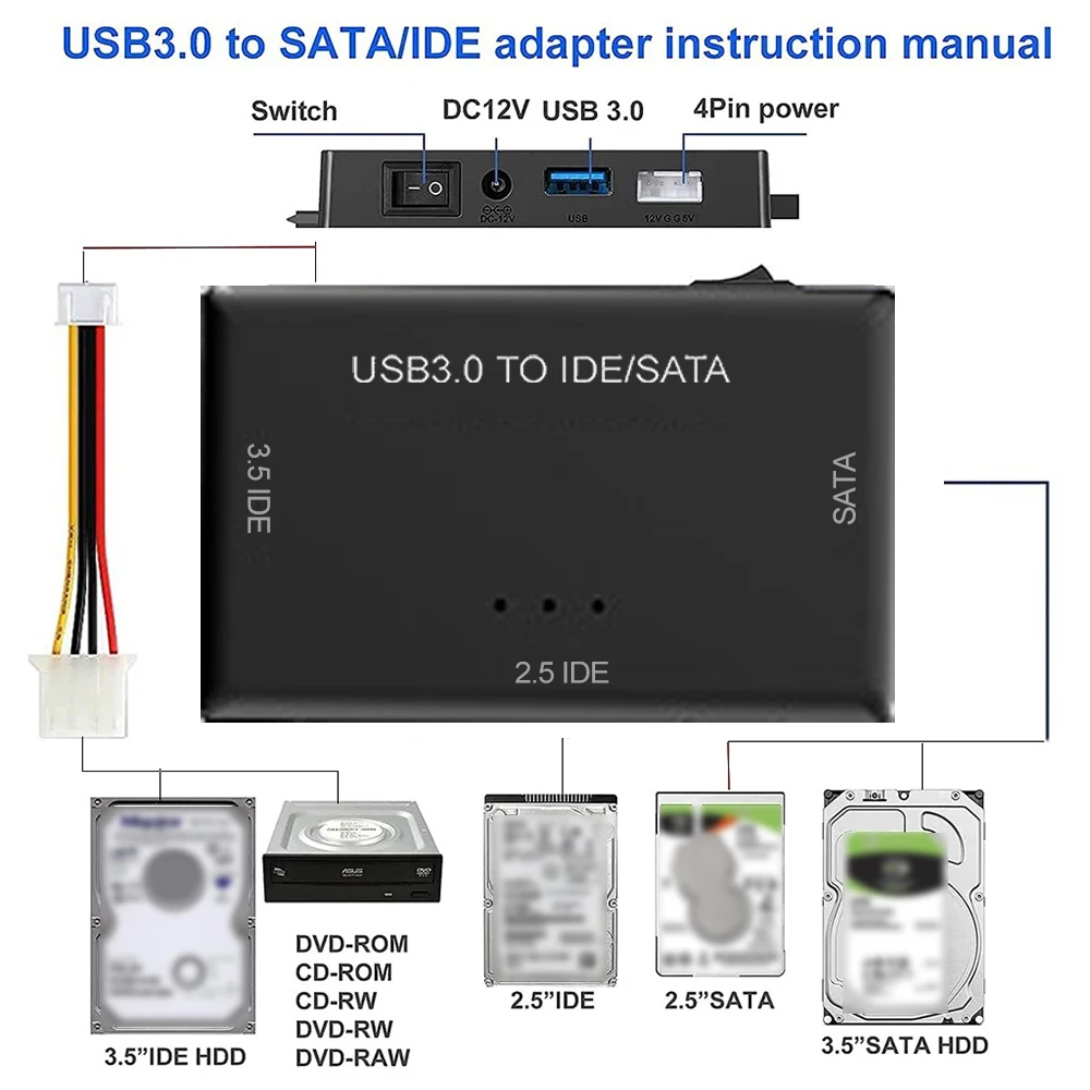 Cable convertidor adaptador de disco duro USB 3,0 a SATA IDE para 3,5 2,5 pulgadas HDD/SSD CD DVD ROM CD-RW 3 en 1 adaptador USB IDE SATA - imagen 2