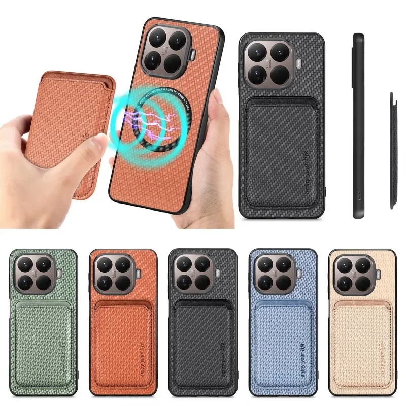 Para Xiaomi 15T Pro cargador inalámbrico Magsafe Funda de cuero con imán para Xiaomi Mi15 T 15Tpro ranura para tarjeta magnética cubierta de fibra de carbono