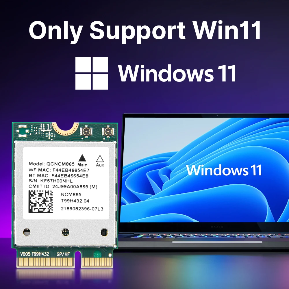 Fenvi Wifi 7 QCNCM865 M.2 Tarjeta de red Bluetooth 5,3 hasta 5,8 Gbps Mejor que Wifi 6E Wlan Adaptador inalámbrico solo para Win 11Wu - imagen 5