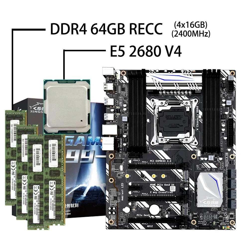 Placa base X99 D8 LGA 2011-3 con E5 2680V4 4 * DDR4 16GB ECC REG RAM compatible con Crossfire Turbo Boost Game multiapertura