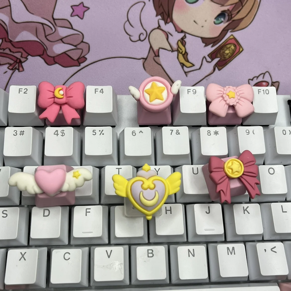 Tapa de tecla con lazo rosa para niña, decoración de ala de animación tridimensional, eje transversal, tapa de tecla de teclado mecánico - imagen 2
