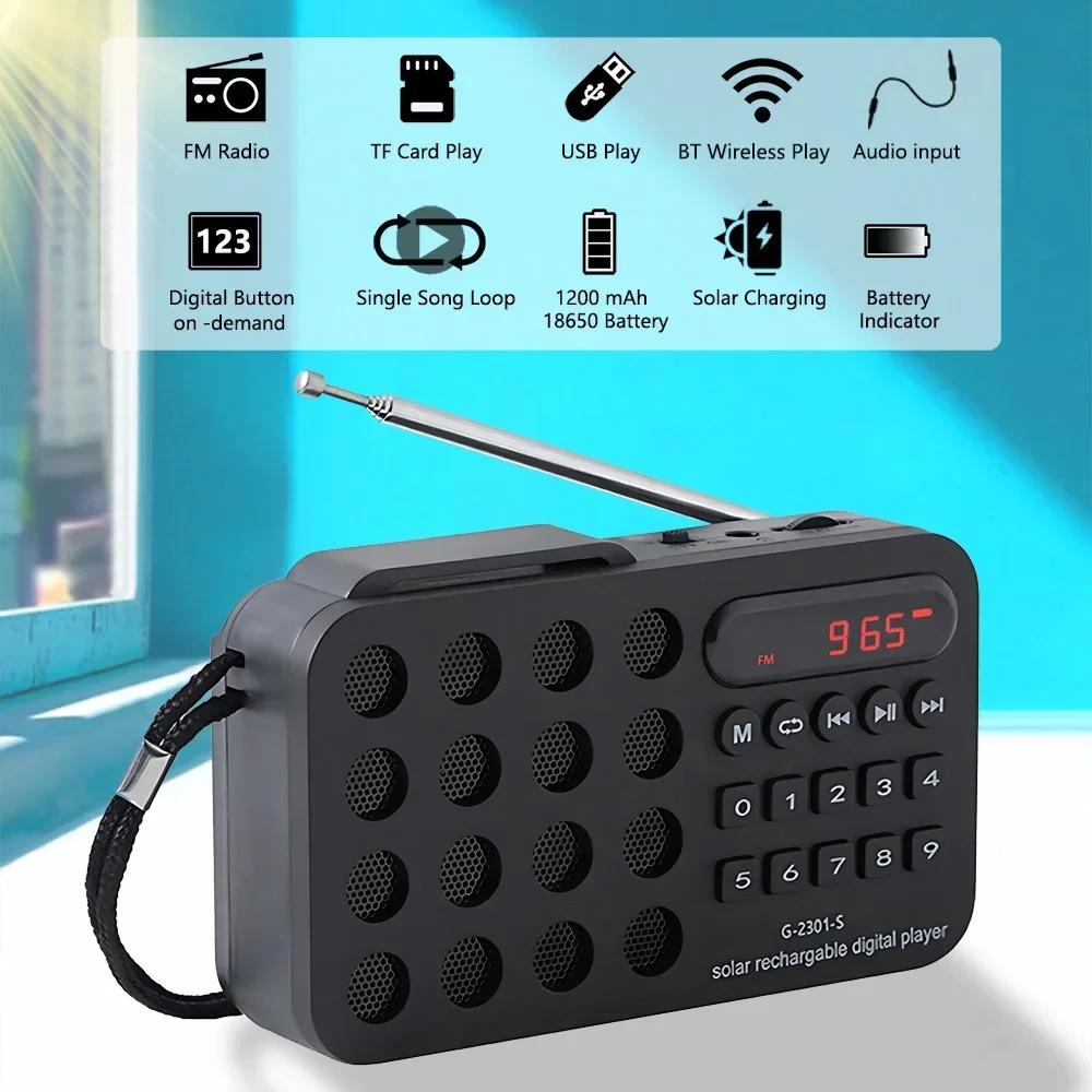 Mini Radio FM portátil de bolsillo, altavoces inalámbricos con carga Solar, compatible con reproducción de tarjetas USB TF, receptor de Radio FM compatible con Bluetooth