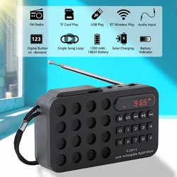 Mini Radio FM portátil de bolsillo, altavoces inalámbricos con carga Solar, compatible con reproducción de tarjetas USB TF, receptor de Radio FM compatible con Bluetooth