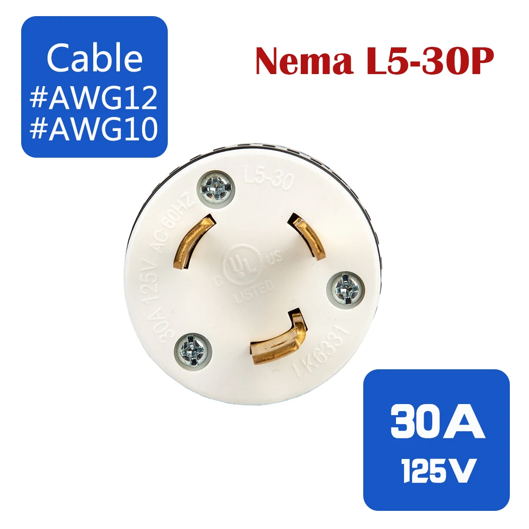 Enchufes NEMA L5-30P estándar, enchufes autogiratorios, 30A, 125 V, NEMA L5-30P, enchufes macho autocableado