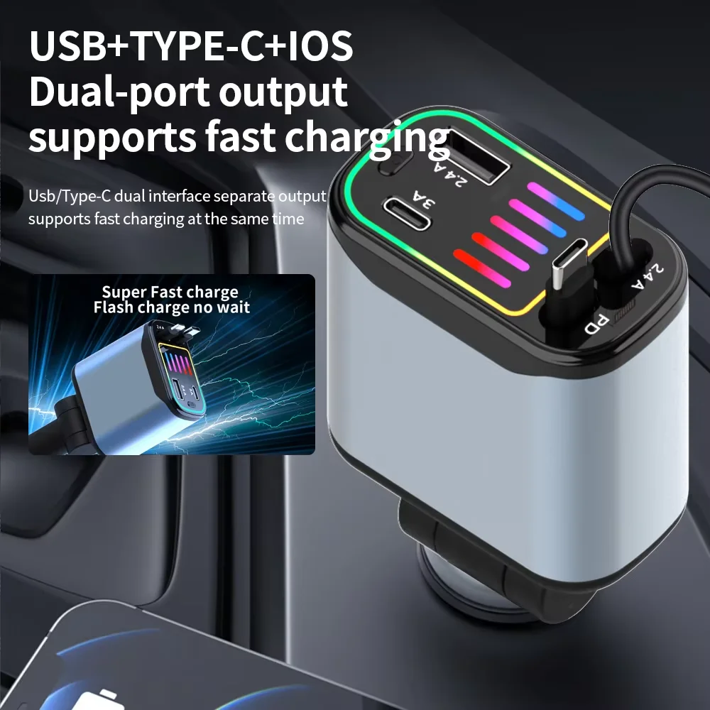 Cargador de coche 4 en 1 con Cable retráctil, puertos USB, adaptador de encendedor de cigarrillos tipo USB C para IPhone, Samsung, Huawei X1, X2, X3 - imagen 3