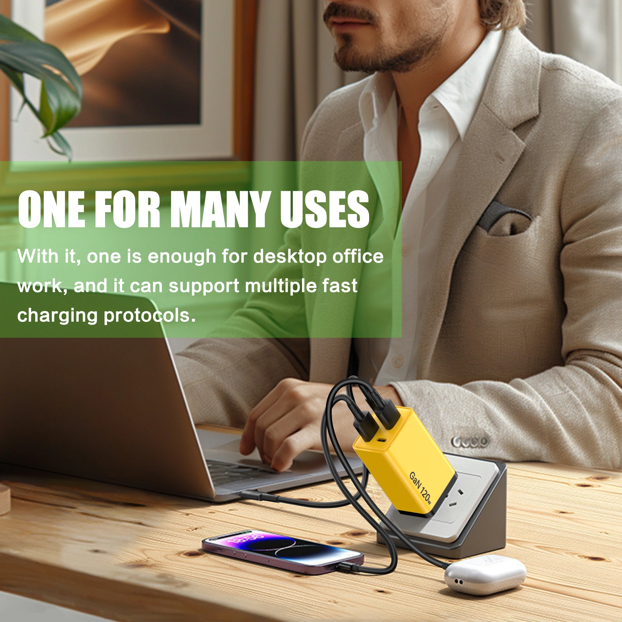 Cargador de carga rápida USB con múltiples puertos GaN de 120W, cargador de carga rápida tipo C para iPhone 15, Samsung, Xiaomi 14, Huawei, adaptador de pared - imagen 3