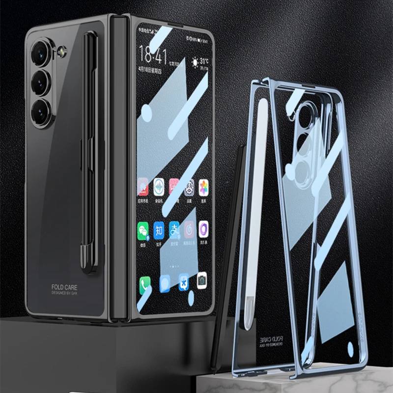 Funda transparente con soporte para bolígrafo chapado para Samsung Galaxy Z Fold 6 5 5G, funda rígida delgada para PC con cristal frontal - imagen 3