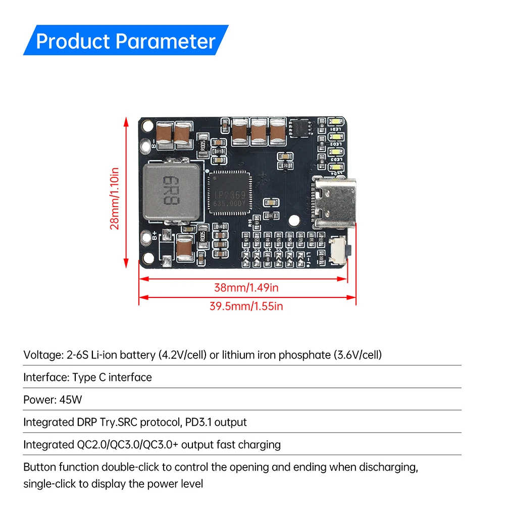 Módulo descargador de cargador de batería de iones de litio IP2369 2 ~ 6S 45W tipo C con luz LED para módulo de protección de carga de Dron de energía móvil - imagen 5