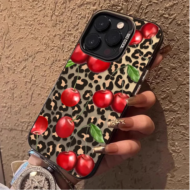 Funda mate cereza con estampado de leopardo rojo para iPhone 15 16 14 13 12 11 Pro Max XS X XR 8 7 Plus SE 2020 Funda de PC chapada a prueba de golpes - imagen 2