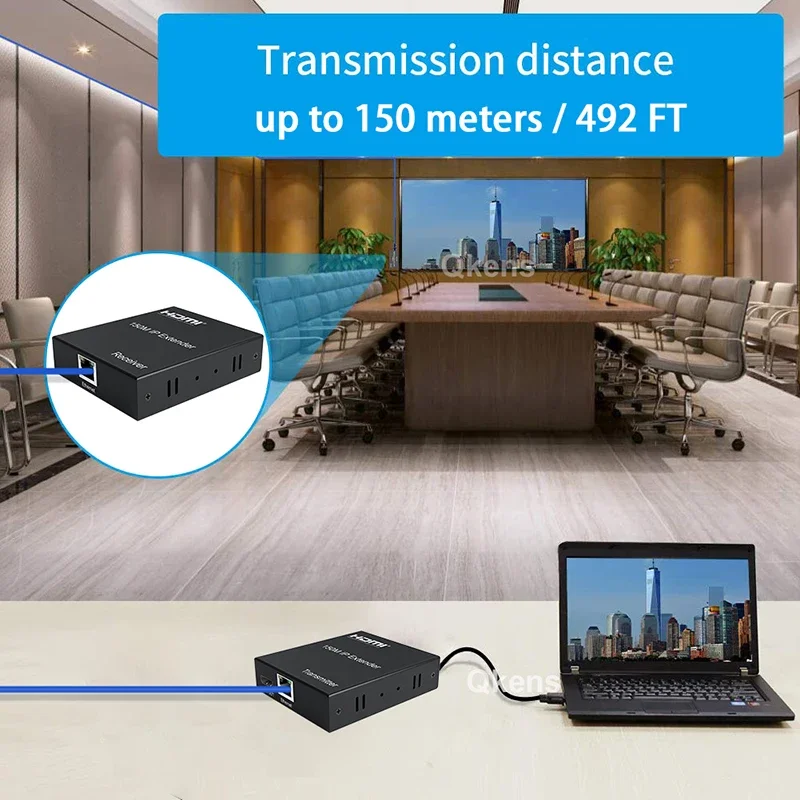 Una computadora portátil está conectada a un dispositivo que tiene una etiqueta azul que dice la distancia de transmisión