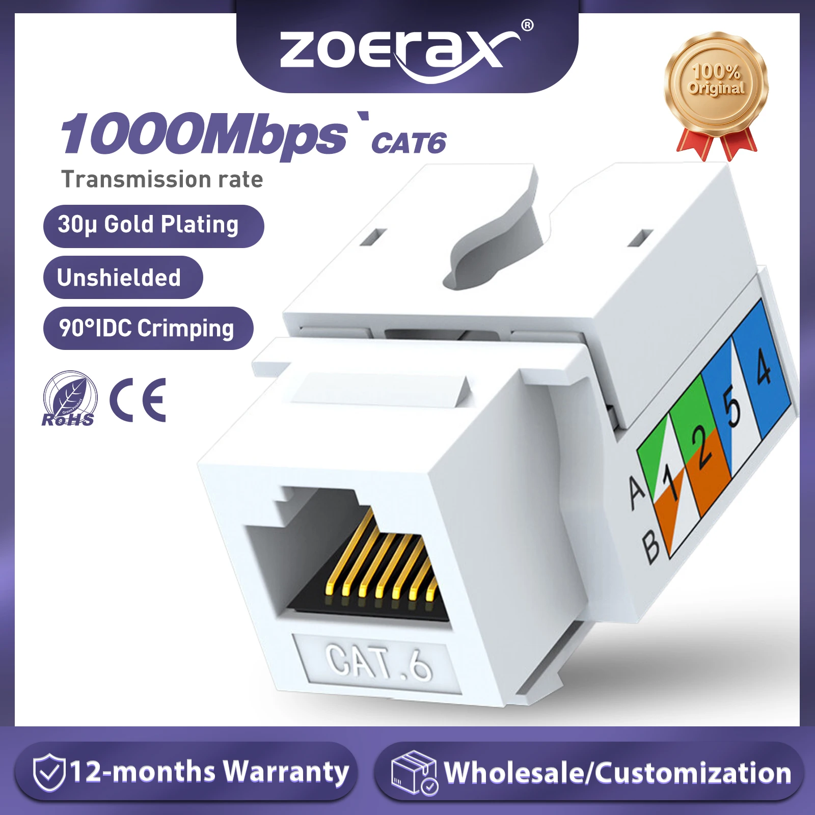ZoeRax-conector Keystone Cat6 de 10 piezas, conector Ethernet Punch Down, acoplador de módulo de 90 grados (no compatible con Panel de parche)