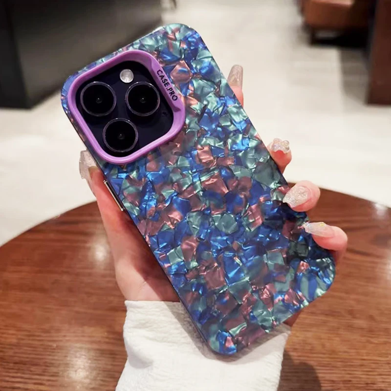 Funda de mármol de concha de sueño con purpurina ostentosa de lujo para iPhone 13 14 11 12 15 16 17 Pro Max, cubierta trasera acrílica dura con parachoques suave - imagen 3