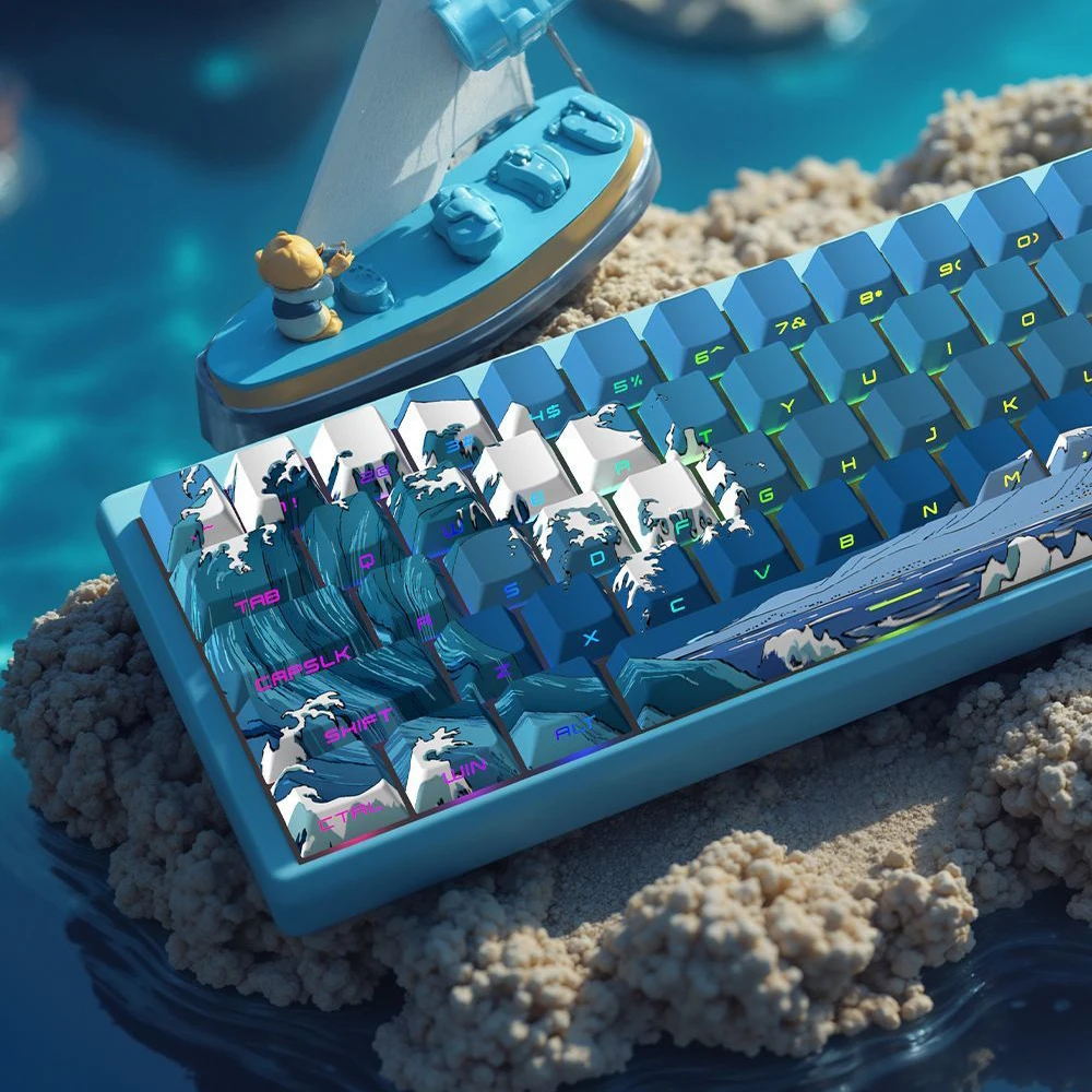 Teclas PBT de sublimación de tinte de onda de mar azul, 129 teclas retroiluminadas RGB con retroiluminación lateral, perfil de cereza para interruptores MX, Teclado mecánico