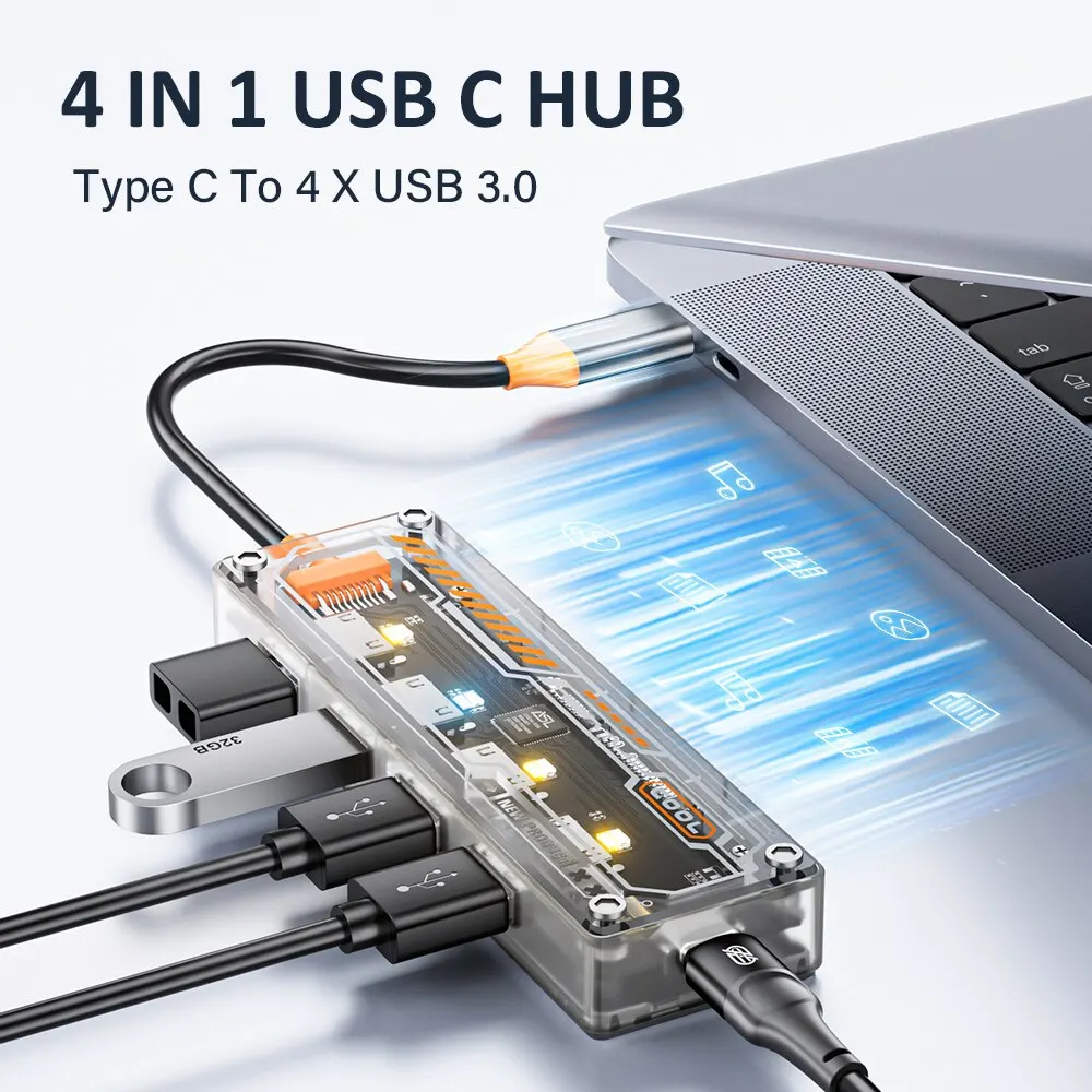 ASOMETECH-HUB tipo C 4 en 1 USB C a USB 3,0, estación de acoplamiento Punk transparente, adaptador divisor para MacBook, portátil, iPhone, Samsung - imagen 5