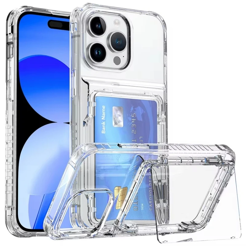 Funda de teléfono transparente de PC duro de lujo para iPhone 16, 15, 14, 13, 12, 11 Pro Max, 15 Plus, soporte de inserción de tarjeta de billetera, cubierta trasera a prueba de golpes