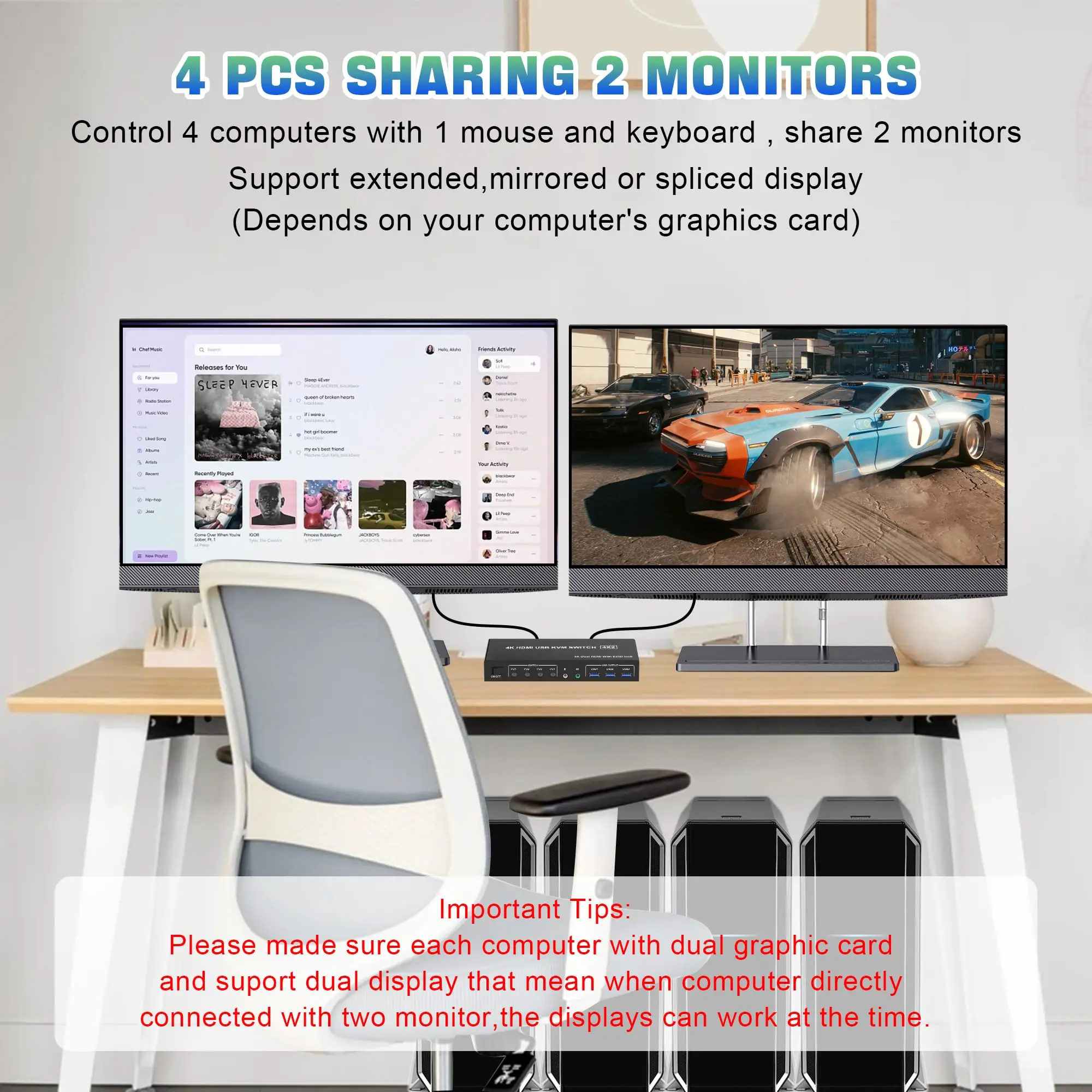 Conmutador KVM de Monitor Dual HDMI de 4 entradas y 2 salidas, compatible con EDID, conmutador KVM HDMI de 4K a 60 Hz con 3 puertos USB3.0 para 4 unidades para teclado y ratón - imagen 5