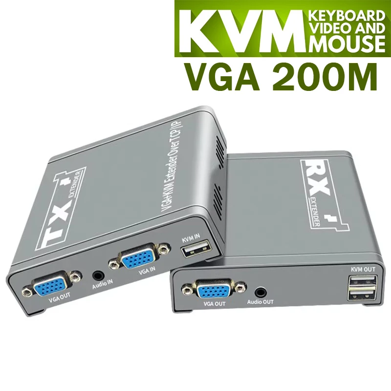 Extensor VGA KVM sobre IP CAT6 Rj45 Cable 200M 1080P VGA Ethernet extensor transmisor receptor kit compatible con teclado de ratón USB