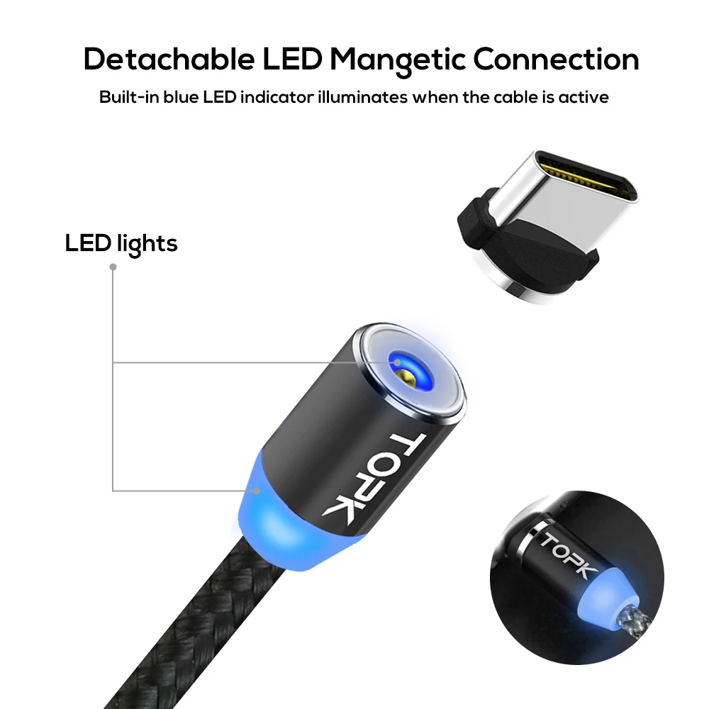 Cable Magnético 3 en 1 USB-C Micro USB - Nailon Trenzado 360° TOPK - imagen 3