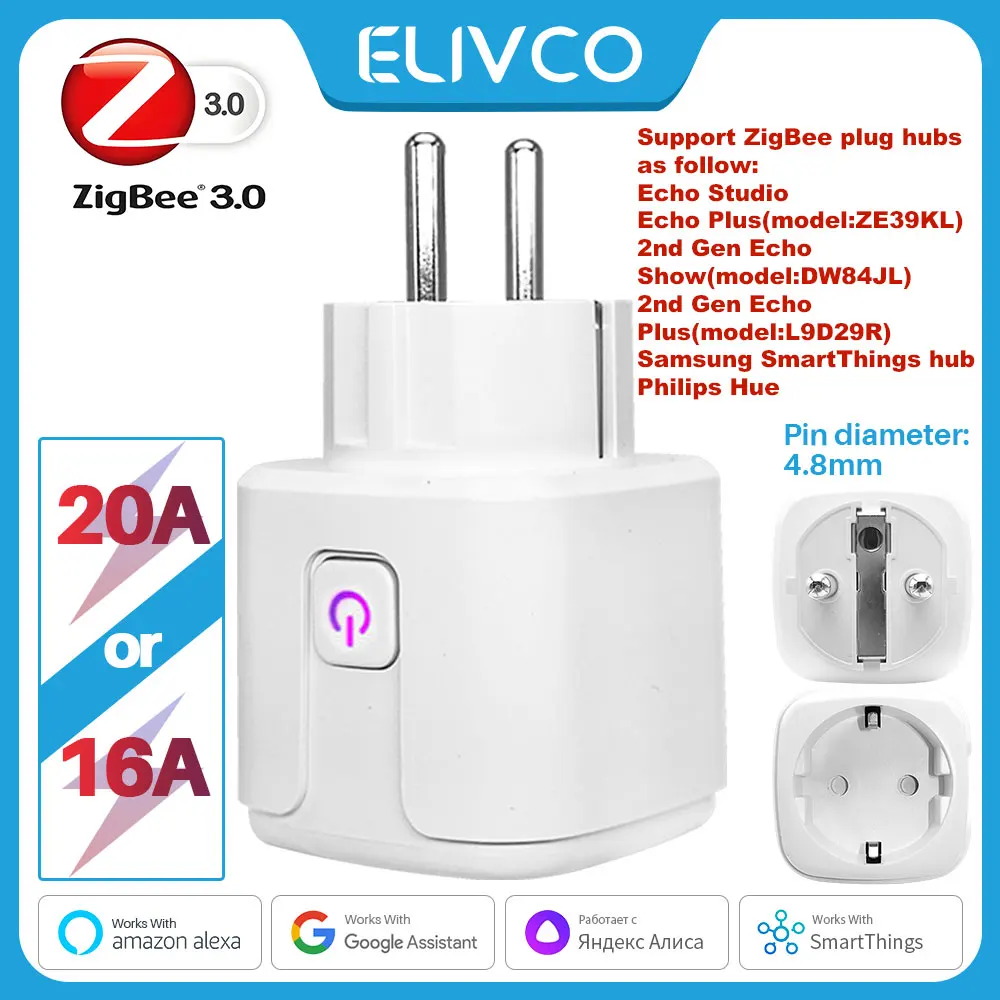 Enchufe inteligente Zigbee UE 16A/20A enchufe inteligente con cuenta regresiva temporizada Control de voz funciona con Alexa Google Home Alice