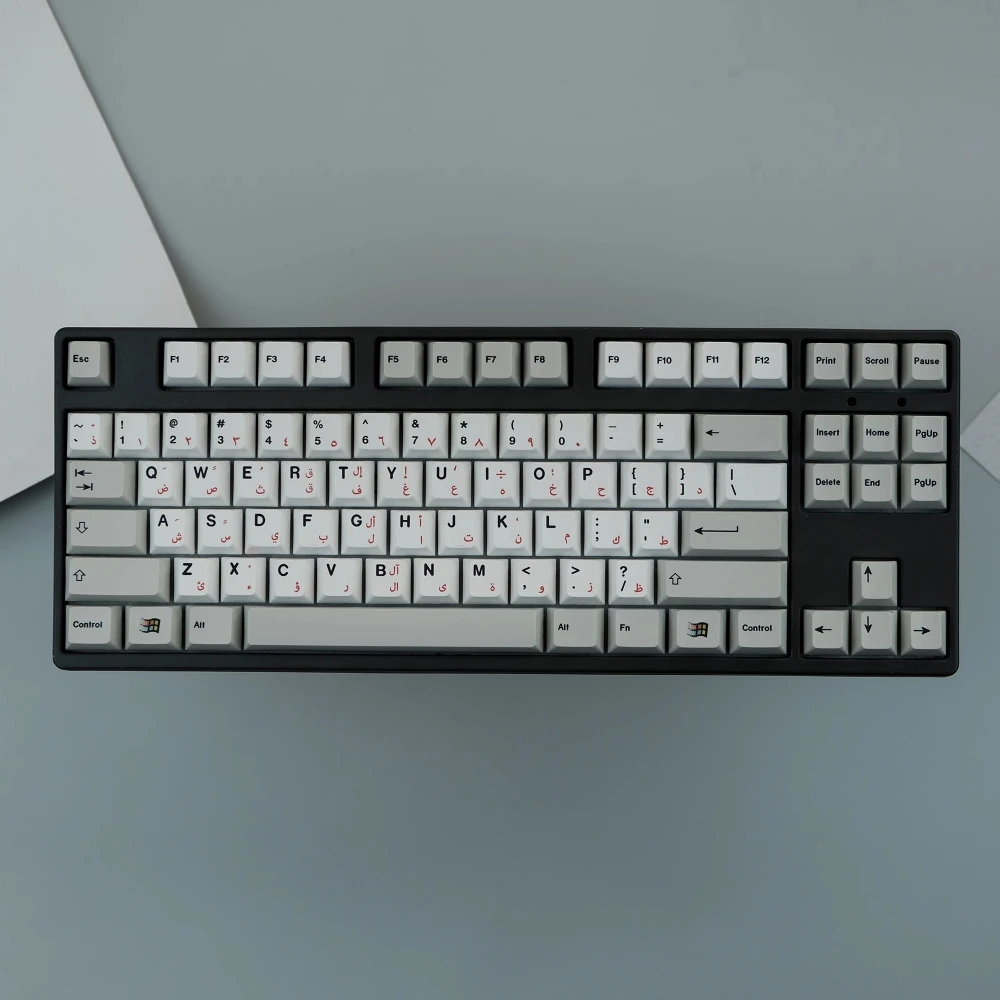1 Juego de teclas árabes grises y blancas, teclas de sublimación de tinte PBT, perfil de cereza, teclas a prueba de luz para teclado MX Switch Wooting 60