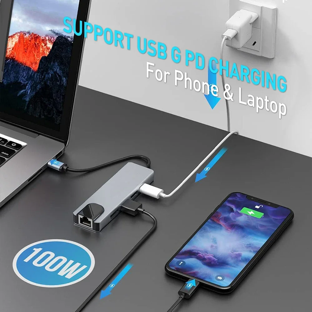 ZoeRax USB C Hub 5 en 1 Adaptador multipuerto con HDMI 4K, LAN RJ45 Ethernet, 2USB 3.0, carga rápida PD 100W para MacBook Pro/Air M1 - imagen 3