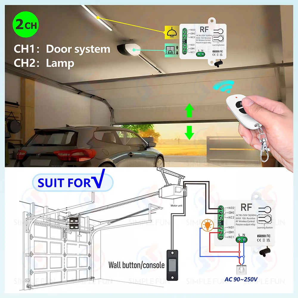 433MHz 2 CH interruptor de Control remoto de Motor 90V-250V USB 5V módulo receptor RF para Motor/abridor de puerta de garaje/control remoto DIY - imagen 3