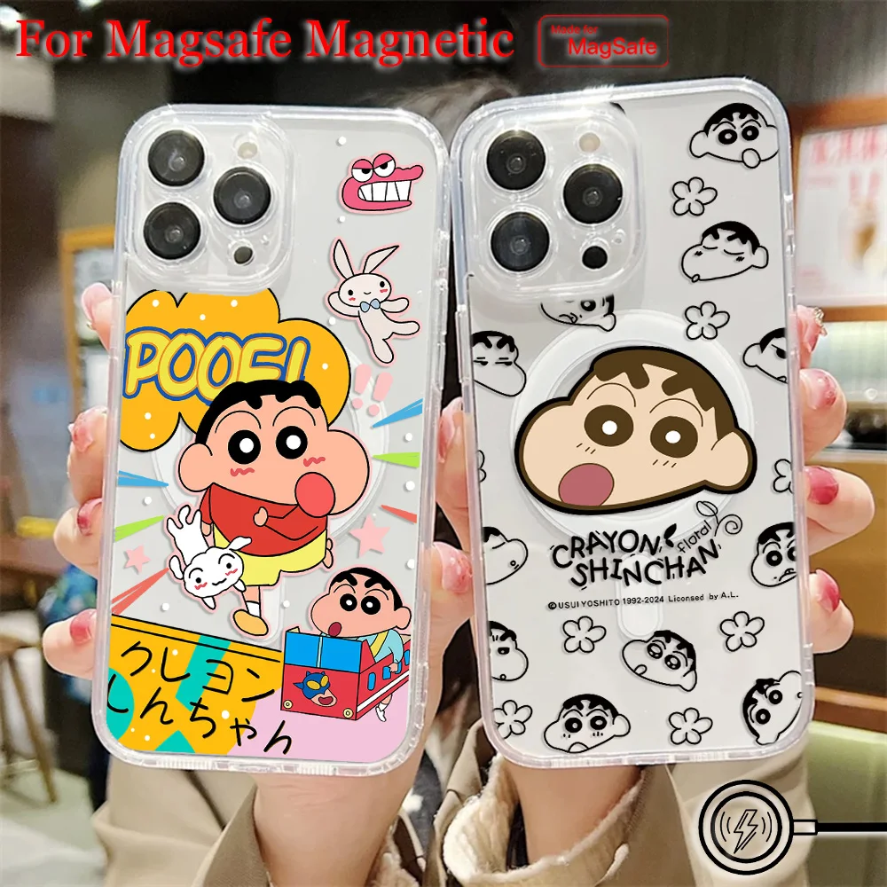 Funda de teléfono magnética Magsafe con crayones de Anime Shin-chans para iPhone 16 15 14 13 12 11 8 Plus Pro Max X XR XSMax, funda de Tpu transparente suave