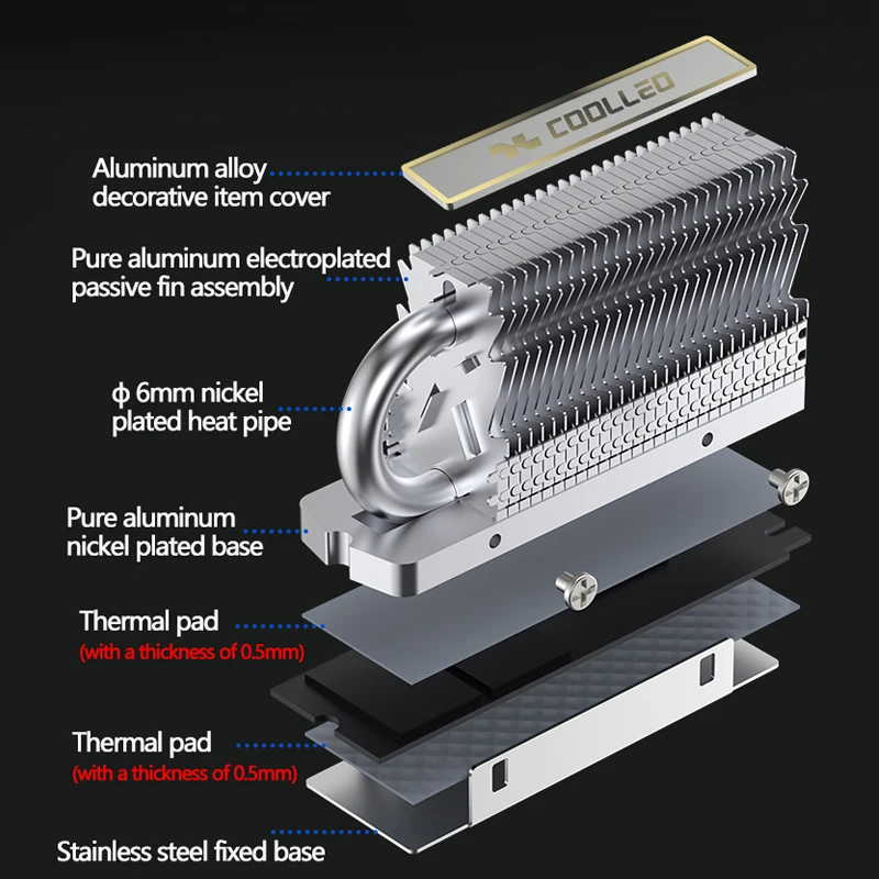 COOLLEO HR-09 M.2 2280 SSD disipador de calor totalmente galvanizado soldadura por reflujo AGHP HeatPipe 2280 NVMe SSD enfriador - imagen 5