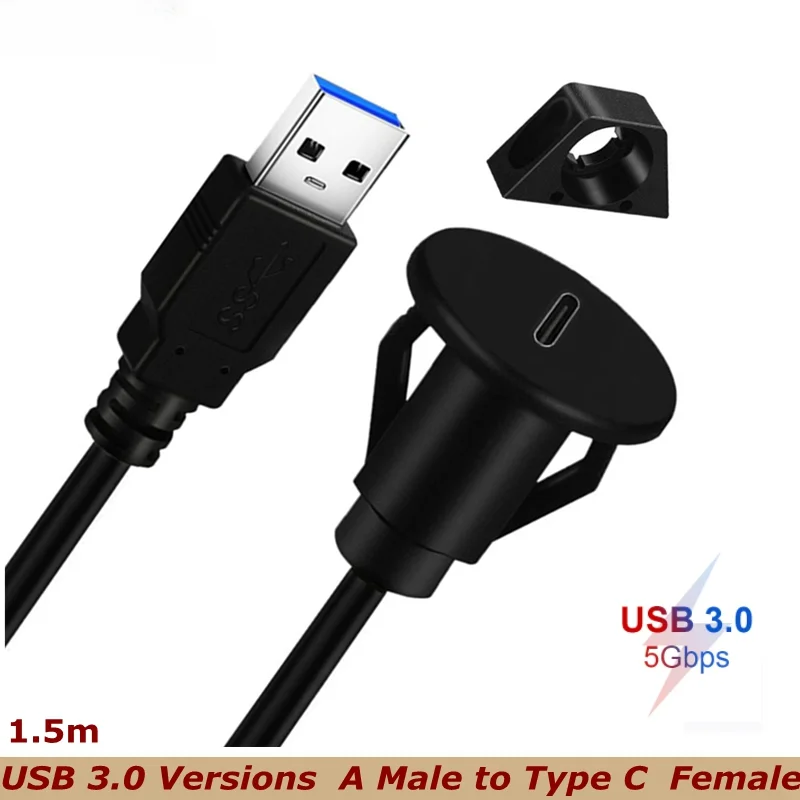 5Gbps 1,5 m pequeñas USB 3,0 versiones A macho a tipo C hembra Cable de montaje empotrado Cable de extensión de montaje en Panel para salpicadero de barco de coche - imagen 2