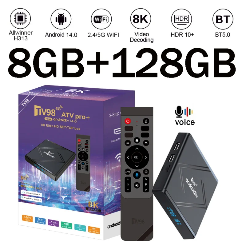 TV98 ATV Pro Plus TV Box Android 14 BT5.0 Reproductor multimedia Allwinner H313 Control remoto por voz 4G 5G Wifi dual6 HD 8K 4K decodificador iptv