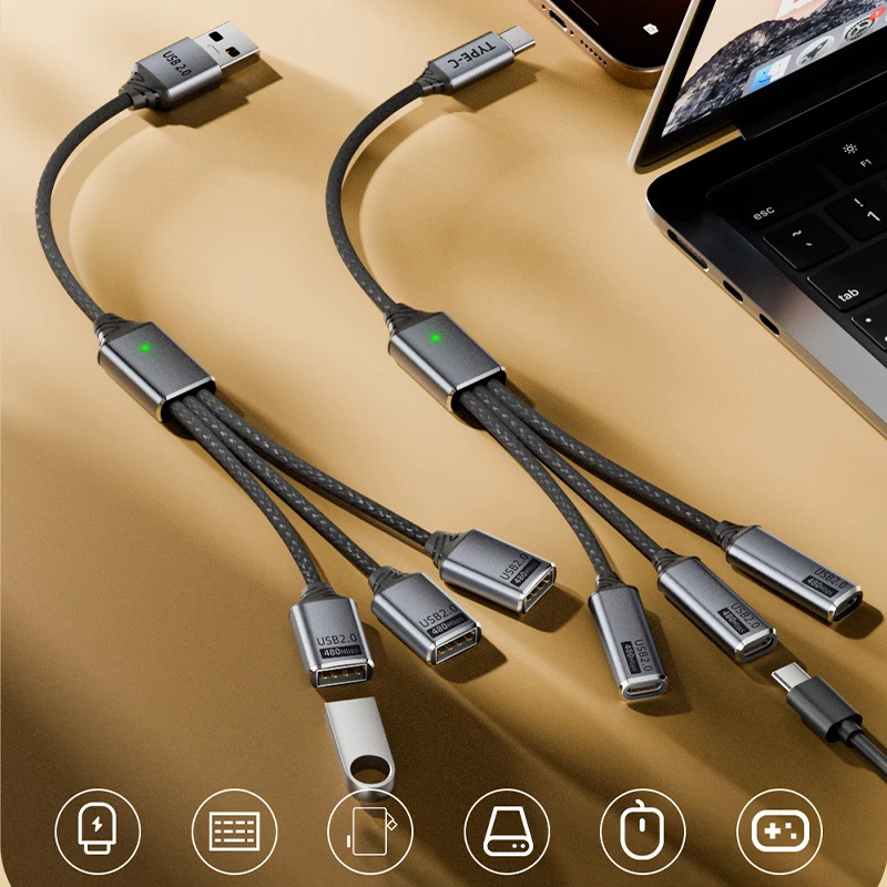 Nuevo 3 puertos USB A/tipo C Hub 480Mbps OTG Cable adaptador línea de sincronización de datos para lector de tarjetas de disco U teclado ratón carga expansor Dock - imagen 2
