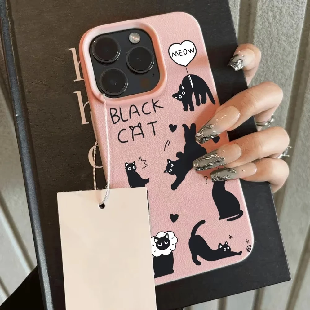 Bonita funda de teléfono de gato negro para iPhone 16 15 Plus, funda para iPhone 17 16 15 11 12 14 Pro Max, funda mate suave de cuero con patrón de lichi - imagen 2