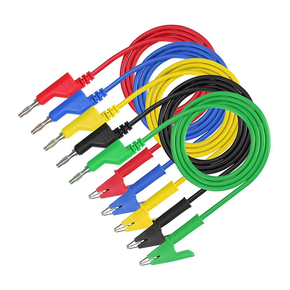 P1036 5 uds 1M apilable doble 4mm conector Banana a conector Banana multímetro cables de prueba Kit de cables 1000V/19A 5 colores Clip de cocodrilo - imagen 3