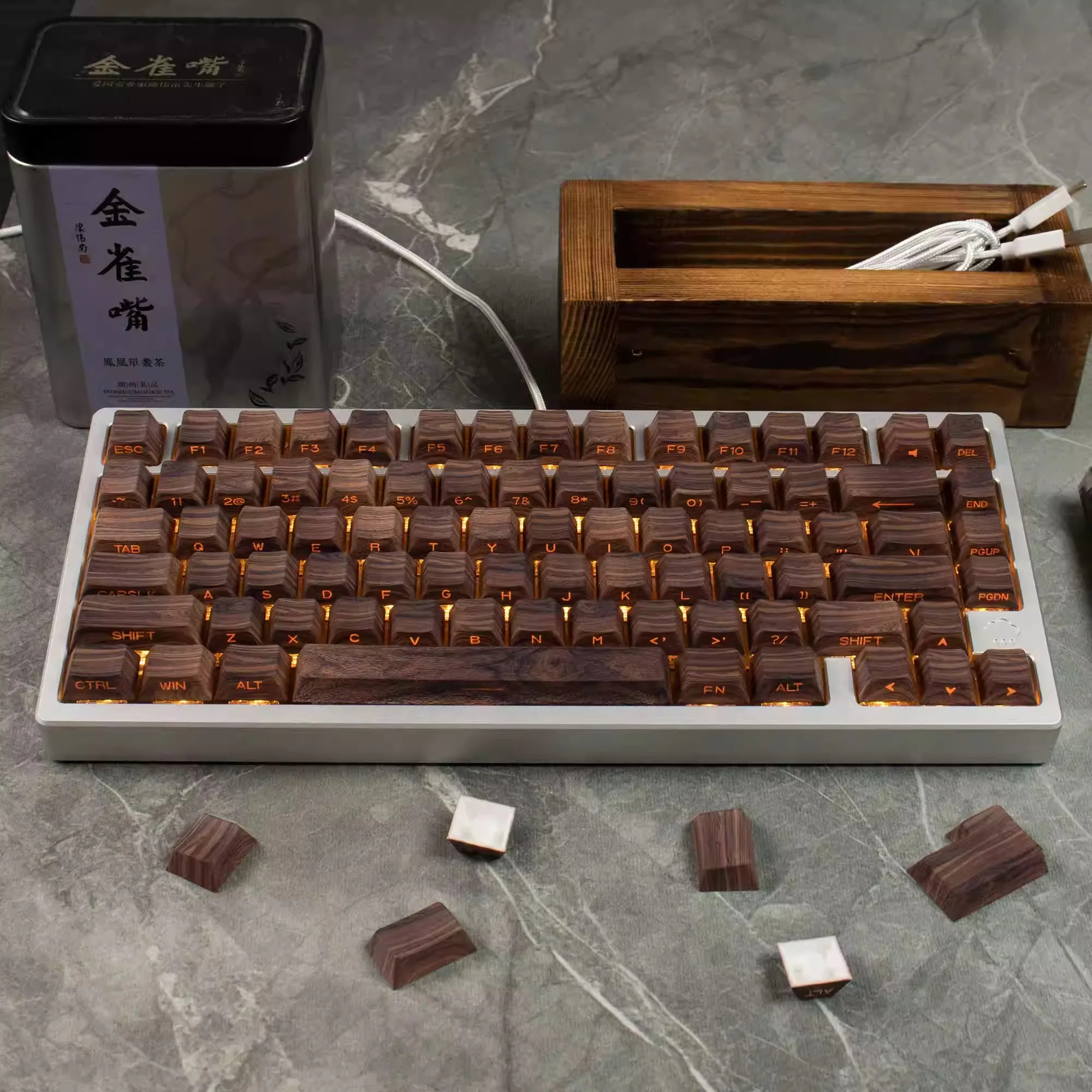 Teclas con textura de madera, 136 teclas, perfil Cherry, 5 lados, tinte Sub, PBT, impresión lateral, teclas retroiluminadas para teclado mecánico Cherry MX