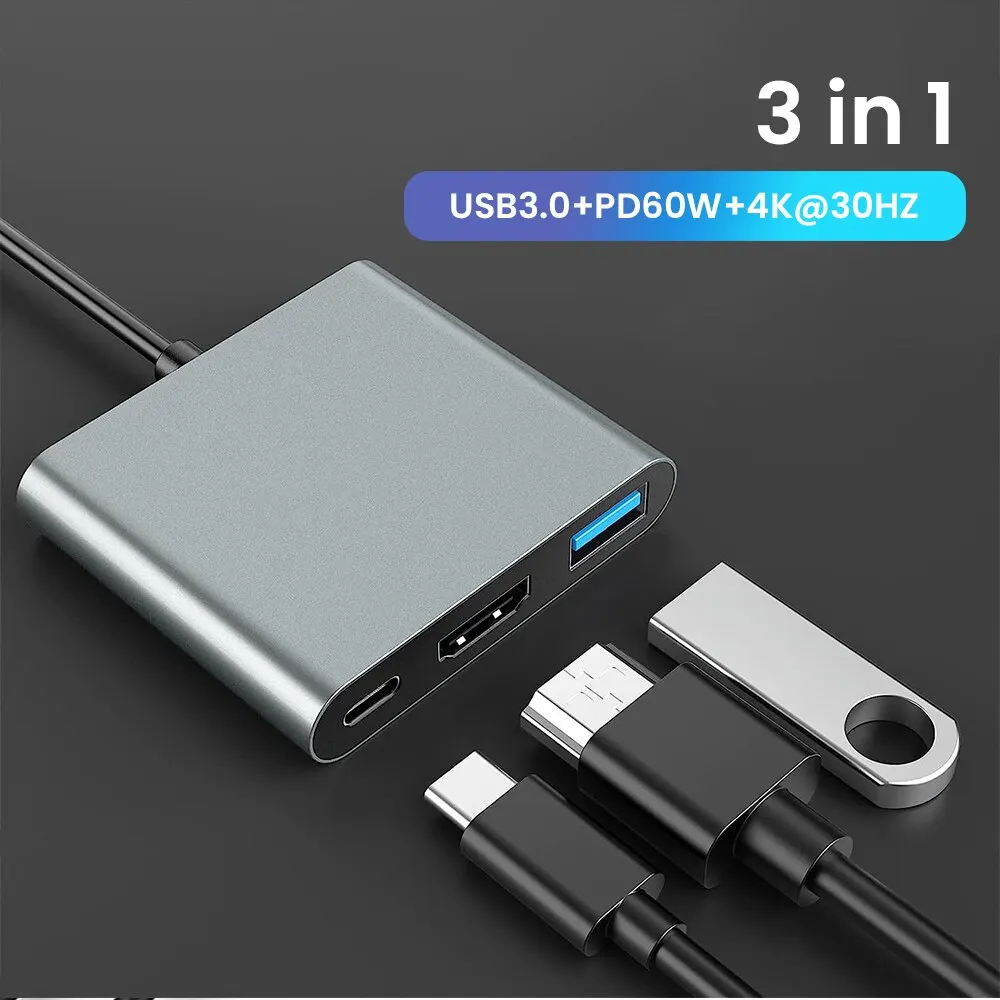 Hub USB C 3 en 1 con 60W tipo C, entrega de energía, adaptador portátil cuadrado 4K HDMI, concentrador de puertos múltiples para MacBook Air/Pro ChromeBook - imagen 2