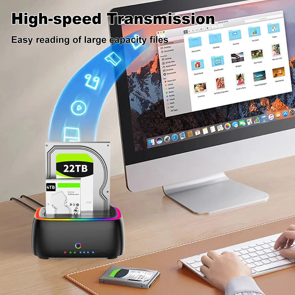 Estación de disco duro de doble bahía USB3.0 5Gbps caja de datos clon sin conexión adaptador de efecto de luces RGB para tarjeta HDD/SSD TF/SD de 2,5/3,5 pulgadas - imagen 3