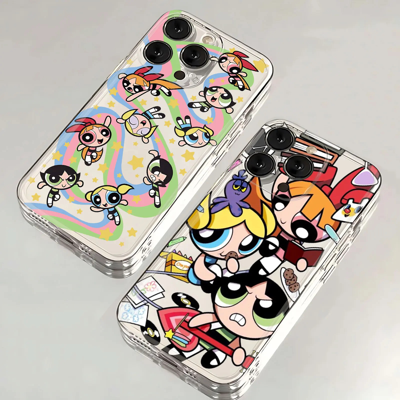 Funda de teléfono con dibujos animados Powerpuff Girls para iPhone 16 15 14 13 12 Mini Pro Max X XR XSMax 7 8 Plus, parte trasera de TPU suave transparente