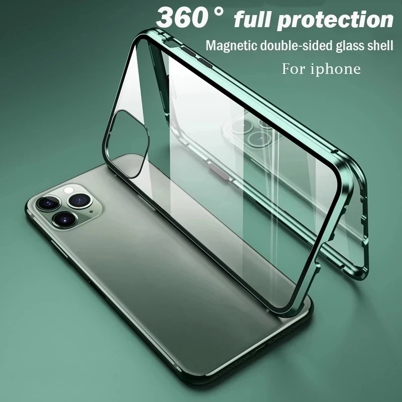 360 ° Funda de teléfono magnética de Metal de protección completa para IPhone 16 Pro Max 14 13 12 11 15 Pro Max X XS XR Plus cubierta de vidrio de doble cara