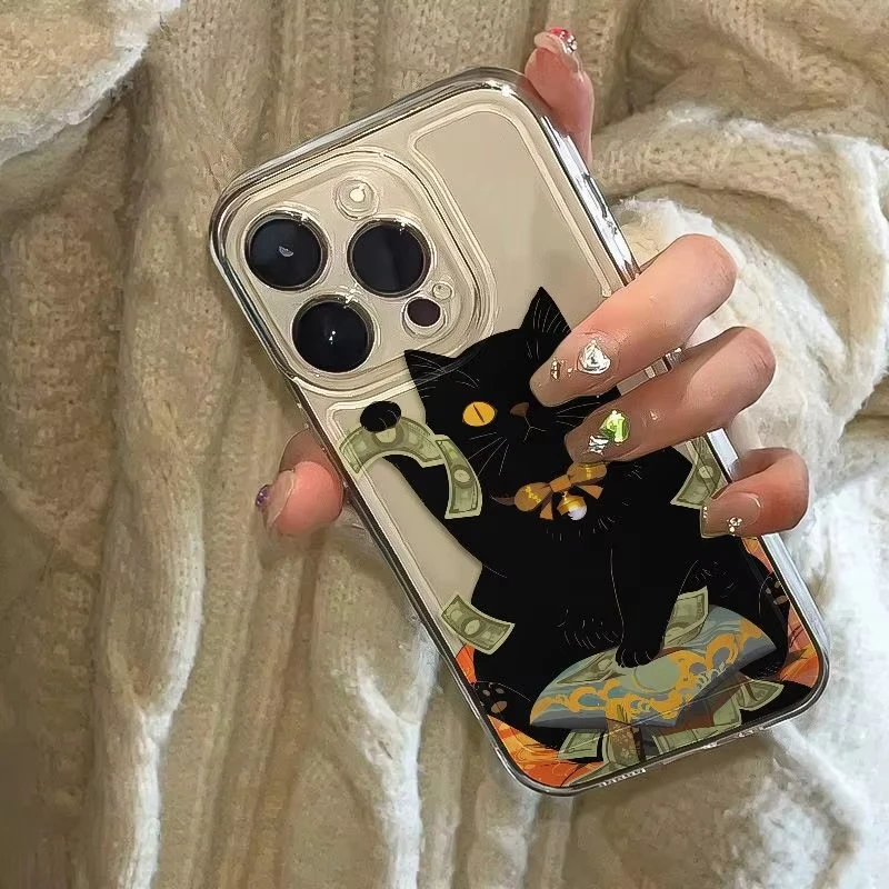 Funda de teléfono con patrón de gatito negro de dibujos animados INS para IPhone Air 17 16 15 14 Plus 13 12 11 Pro Max X XR XS MINI cubierta suave transparente - imagen 2