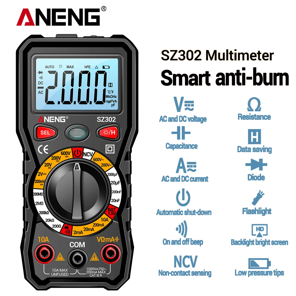 ANENG-multímetro Digital SZ302, probador automático de corriente de voltaje CA/CC, Detector NCV de resistencia, amperímetro de ohmios, medidor de capacitancia - imagen 4