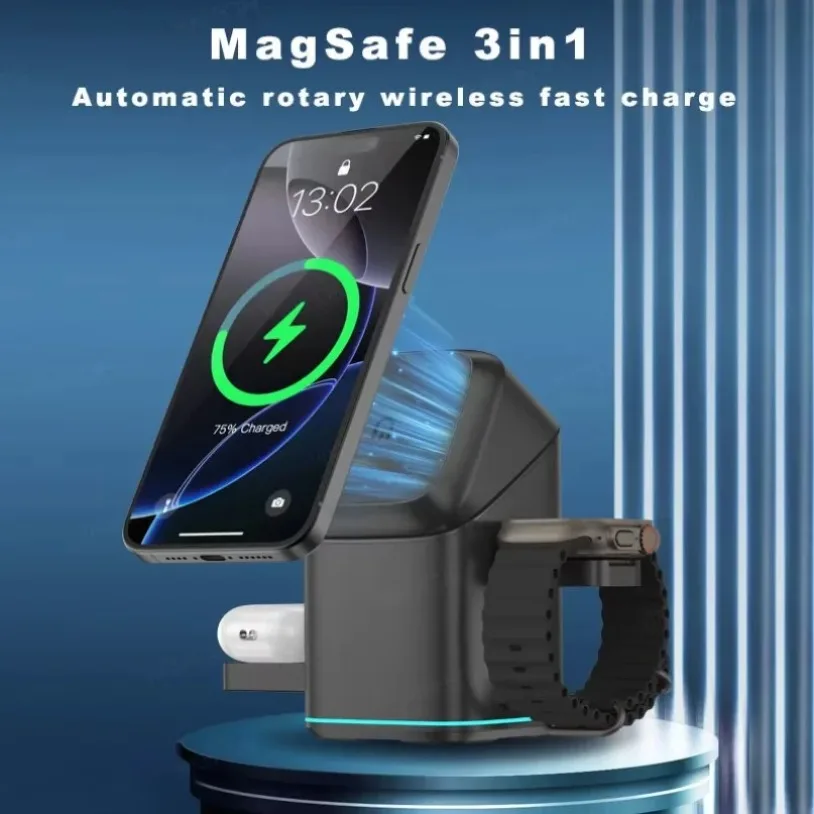 Cargador inalámbrico magnético de rotación eléctrica 3 en 1, luz LED de respiración para Magsafe iPhone 16 15 14 13 12 Apple Watch AirPods Pro - imagen 2