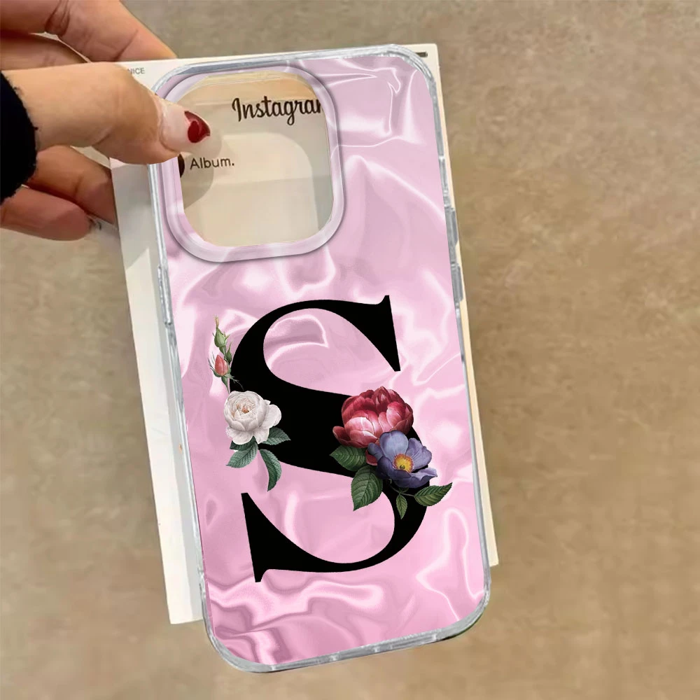 A-Z Flor de peonía con letra negra ﻿ Funda de teléfono para Apple iphone 15 14 Pro Max Plus, Fundas de silicona a prueba de golpes para parejas, funda trasera - imagen 5