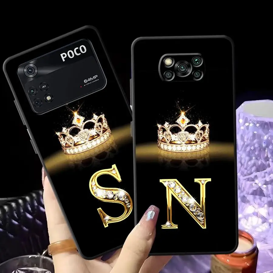 Funda de teléfono suave negra con letras y corona de diamante para Xiaomi Poco C71 C61 M3 M4 M7 Pro X3 X4 X5 X7 Pro F1 C75 M5 F3 C40 C50