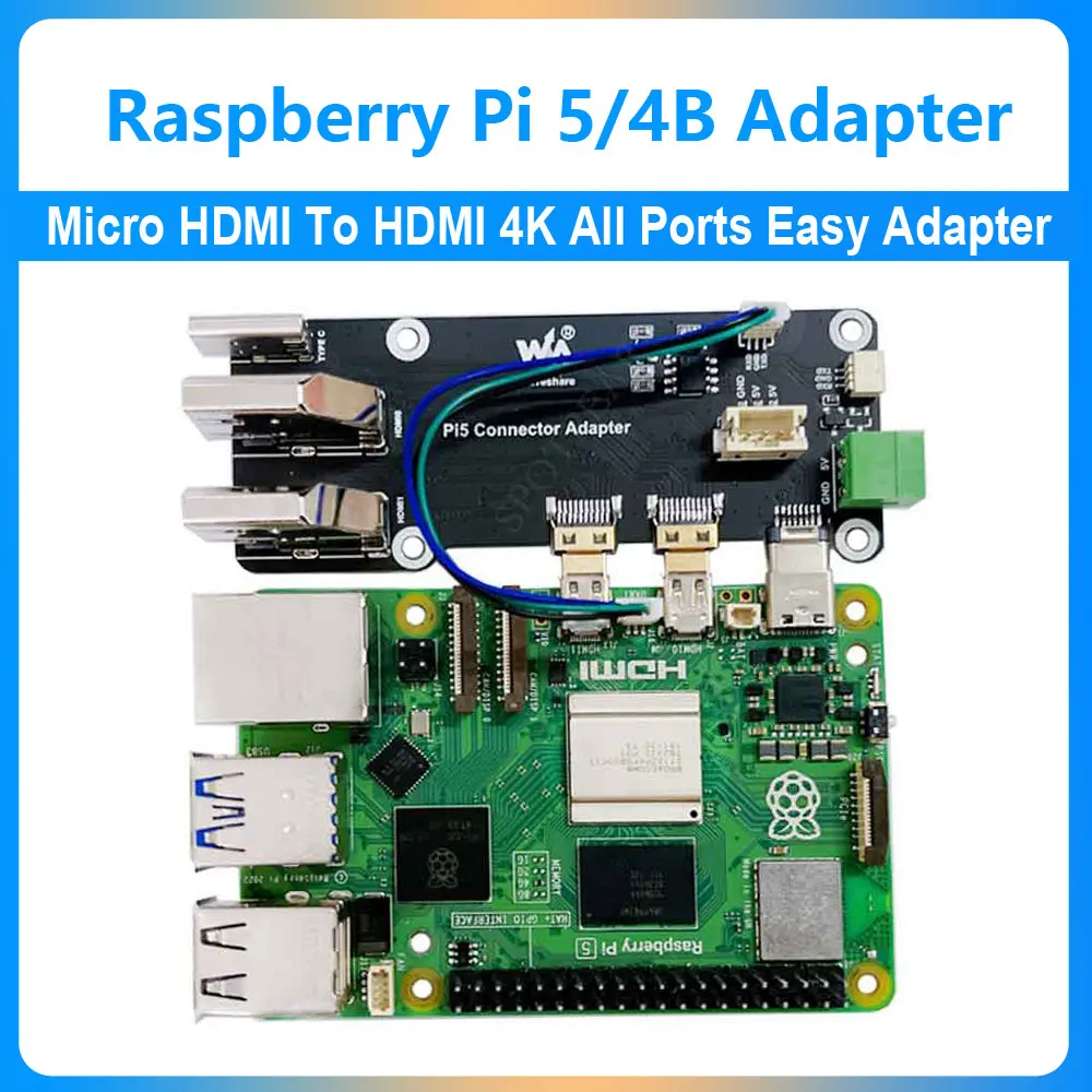 Placa adaptadora Raspberry Pi 5/4B, Micro HDMI a HDMI, salidas duales 4K, todos los puertos USB al lado de Pi, UART