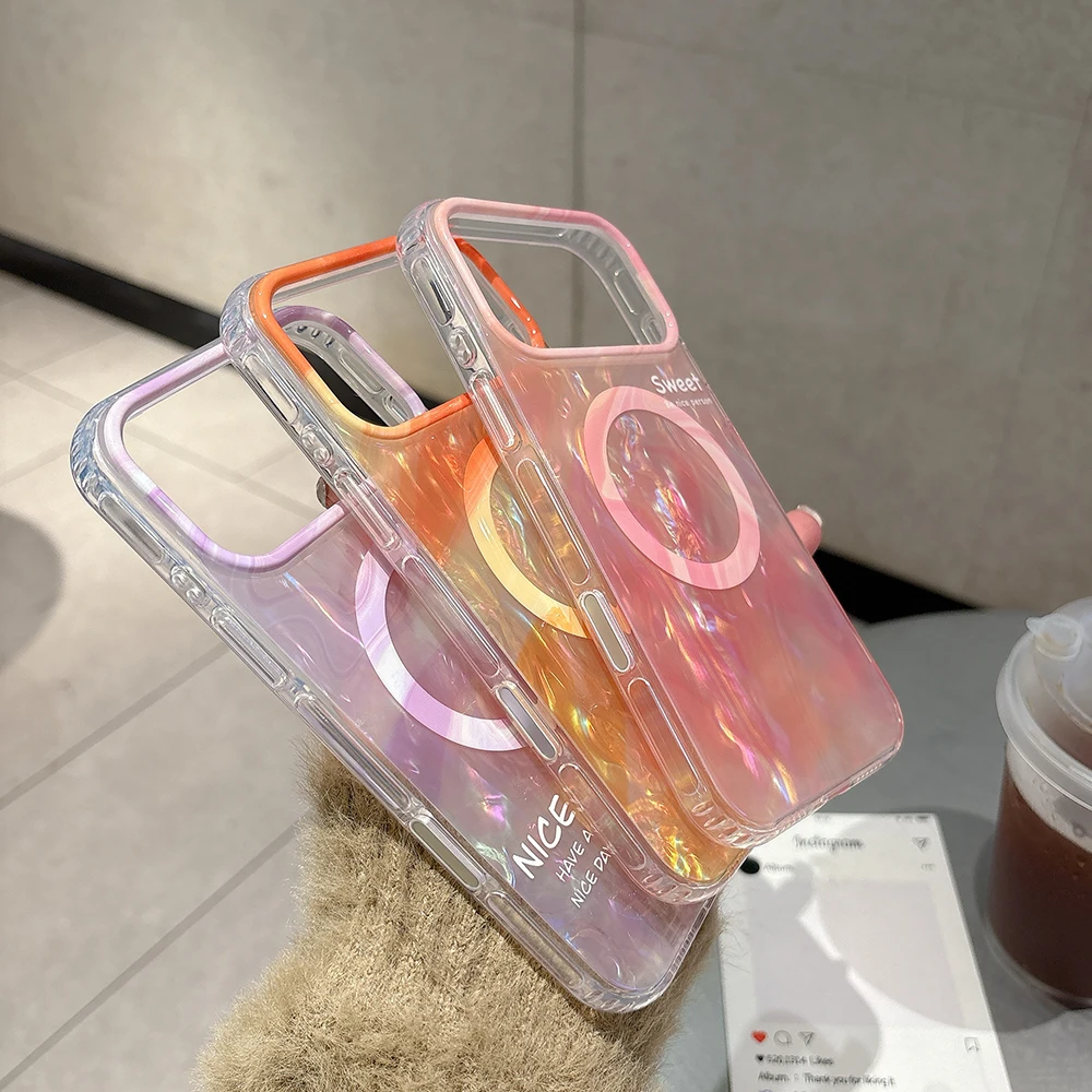 Para iphone 17 17pro 17promax gradiente Shell patrón carga inalámbrica funda magnética para IPhone 14 15 16 Pro Max cubierta para MagSafe - imagen 4